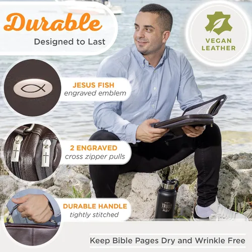 Vista 3 de Christian Art Gifts Funda de piel sintética para Biblia, para hombres y mujeres Estuche con emblema de pez Jesús Ichthus, con cremallera
