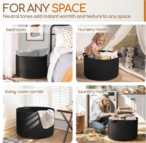 Vista 8 de MEGASKET Cesta grande de manta negra, 22 x 22 x 14 pulgadas, contenedor de cuerda tejida para almacenamiento, caja de almacenamiento de juguetes