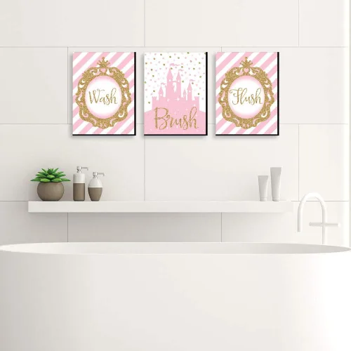 Vista 2 de Big Dot of Happiness Little Princess Crown - Arte de pared con reglas de baño para niños, 7.5 x 10 pulgadas, juego de 3 letreros, lavado, cepillo