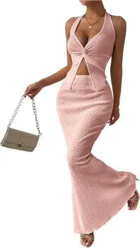 Vista 20 de SOLY HUX - Conjunto de dos piezas de verano para mujer, con parte superior tipo camisola con cuello halter, nudo frontal y falda marrón (Plain Brown)