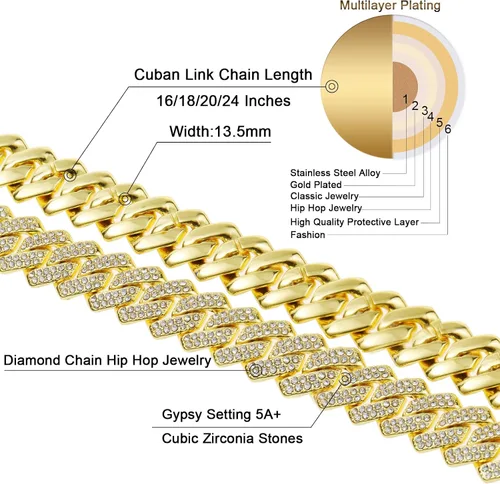 Vista 3 de Saintda Cadena de eslabones cubanos para hombres y mujeres, collar cubano de Miami, cadena de diamantes brillantes, joyería de hip hop con caja