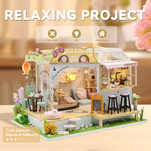 Vista 7 de Flever Kit de casa de muñecas en miniatura para bricolaje, habitación creativa con muebles para regalo romántico de San Valentín (Cat Cafe Garden)