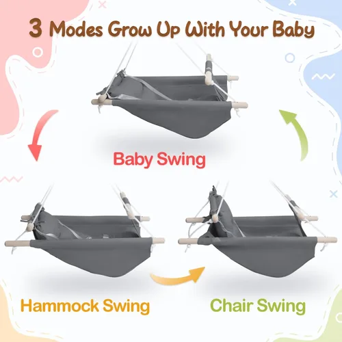 Vista 2 de Columpio para bebé interior y exterior, hamaca de lona para bebé a niño pequeño con asiento cómodo, juguete de madera Macaroon, arnés ajustable de 5
