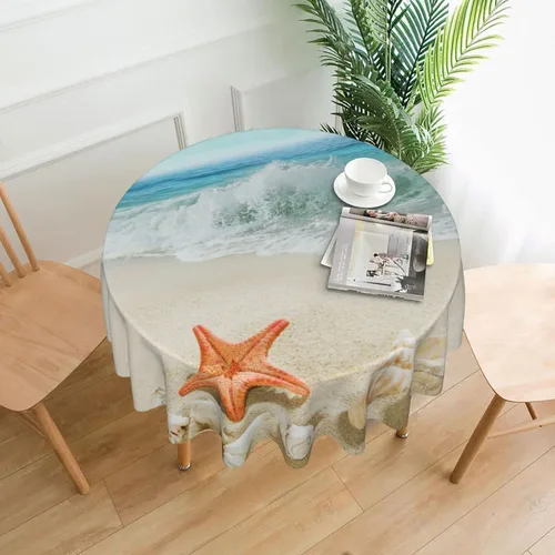 Vista 2 de Sweetshow Mantel redondo de playa de verano de 60 pulgadas, impermeable, de poliéster, lavable, diseño circular de arena con estrellas de mar y olas