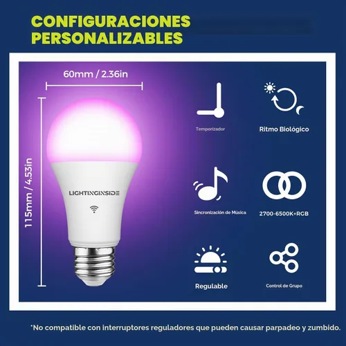 Vista 8 de Lightinginside - Bombillas inteligentes de 100W equiv., 1350LM 11W, bombilla inteligente que funciona con Alexa/Google Home/Smart Life, A19 E26