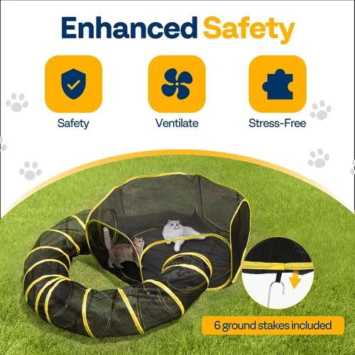 Vista 2 de VIVOHOME Cercas exteriores para gatos 2-en-1, Catio portátil con tienda de campaña para gato, túnel de corral circular, para gatitos y animales