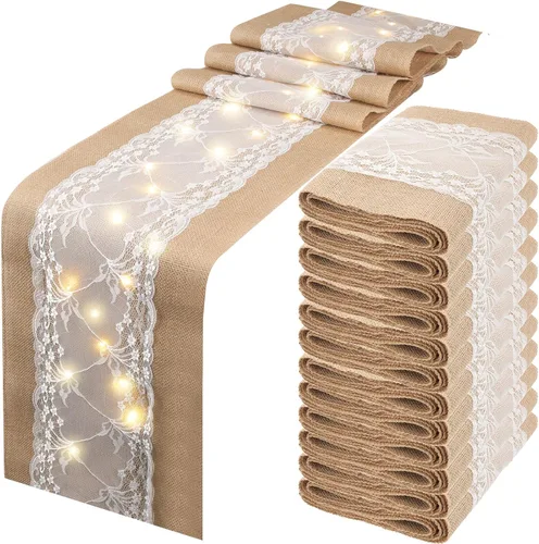 Vista 8 de Xinnun 6 piezas de camino de mesa de arpillera con luces de 12 x 108 pulgadas, camino de mesa de encaje de arpillera, decoración rústica de boda