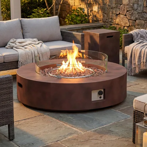 Vista 20 de COSIEST mesa de fogata a propano para exteriores de 35 pulgadas cuadrada de arenisca con protector contra el viento y mesa lateral, certificada