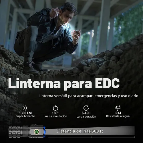 Vista 2 de Mini linterna LED portátil, recargable EDC pequeña linterna de bolsillo 6 modos de iluminación con clip magnético impermeable para camping