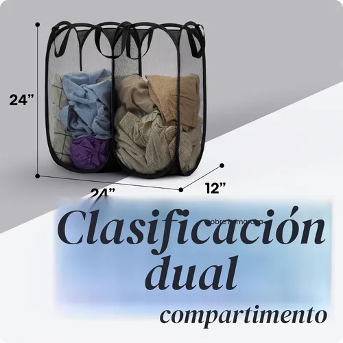 Vista 2 de Handy Laundry - Cesta desplegable doble para lavandería, cesta de malla de 2 secciones, color negro