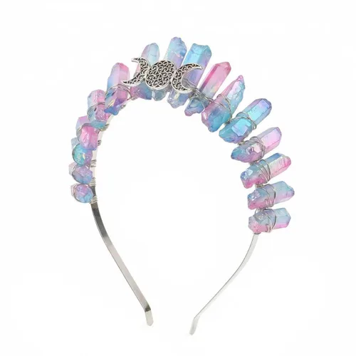 Vista 8 de Bubbmi Diadema de tiara negra de cristal crudo, cuarzo natural, luna, diosa, bruja, moda, banda para el pelo para fiesta de cosplay Wiccan