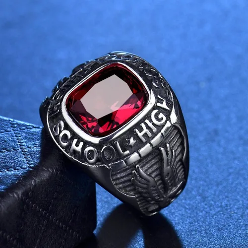 Vista 3 de Retro Eagle Red Ruby Color Crystal Anillos de escuela secundaria de acero inoxidable para hombres tono plateado tamaño 8-15