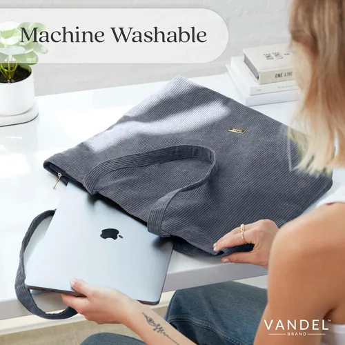 Vista 6 de VANDEL Bolso tote de pana para mujeres y hombres con cremallera y bolsillos interiores. Bolso tote con cremallera, bonita bolsa estética