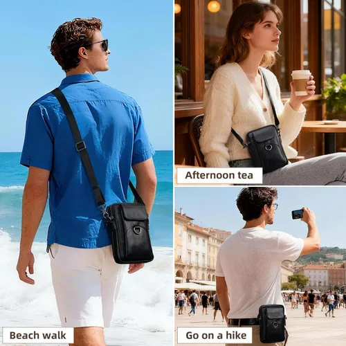 Vista 6 de Augus Bolso bandolera pequeño de cuero genuino para teléfono celular, bolso de hombro para uso diario para mujeres y hombres