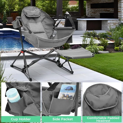 Vista 4 de Hamaca de camping con reposapiés, resistente y plegable, portátil, mecedora, para exteriores, campamento, con soporte para tazas, almohada