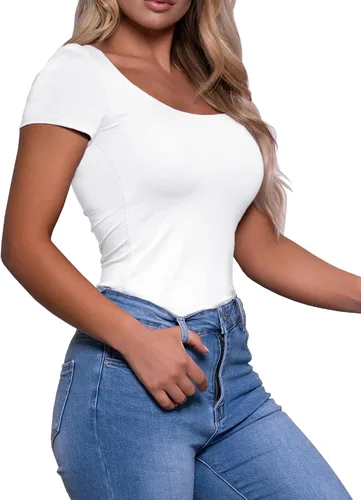 Vista 3 de BelleLovin Camisetas básicas de manga corta con cuello redondo para mujer