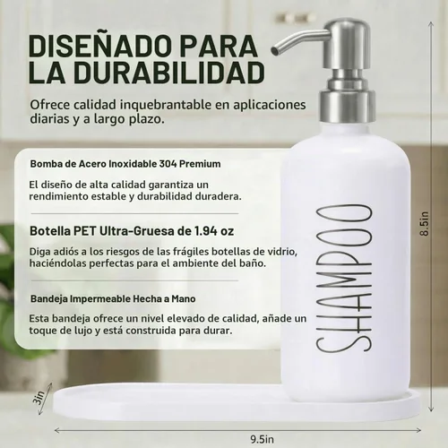 Vista 2 de MOMEEMO Botellas recargables de champú y acondicionador con bandeja, color Blanco y plateado