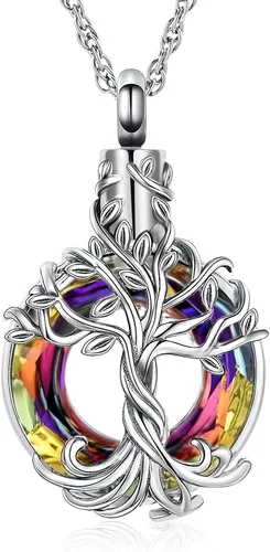 Vista 7 de shajwo Collar de cenizas de urna de cremación del árbol de la vida para mujeres y hombres, círculo de la vida, cristales de cremación, colgante
