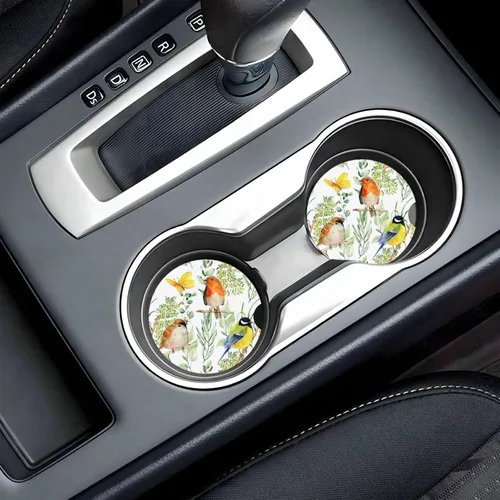 Vista 6 de Portavasos de automóvil con diseño floral de pájaro, paquete de 2 posavasos de cerámica absorbente para portavasos de automóvil, accesorios