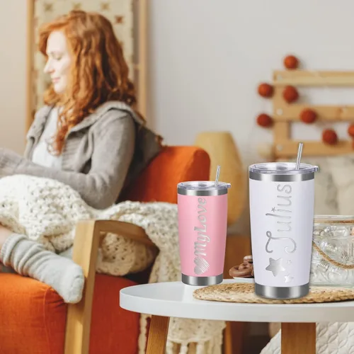 Vista 7 de Vasos personalizados con tapas y pajitas, vasos de acero inoxidable grabados con láser personalizados de 20 onzas con nombre y texto, taza de café