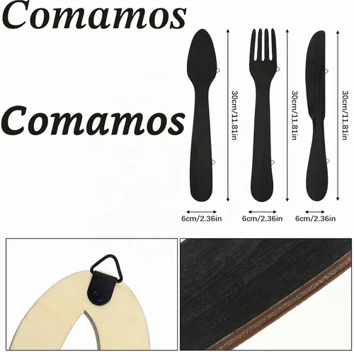 Vista 3 de Jetec 5 carteles de decoración de pared de cocina, tenedor, cuchara, cuchillo, decoración de cocina, letrero rústico de madera para decoración