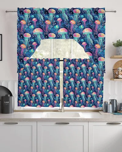Vista 9 de Cortinas de cocina con cenefa de árbol de Navidad, cenefa con bolsillo para barra, paneles de cortina para dormitorio, sala de estar, baño Árbol