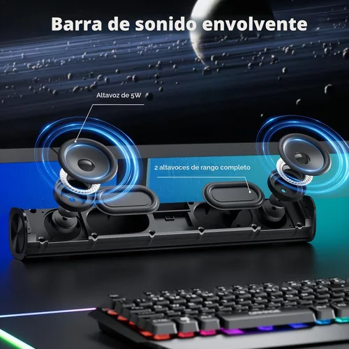 Vista 3 de SOULION R100 Altavoces de computadora Bluetooth con luz LED dinámica, altavoces de PC USB Plug & Play con botón de interruptor, barra de sonido