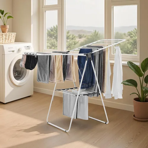 Vista 8 de VEVOR Estante de secado de ropa, estante plegable de 2 niveles con clips para calcetines y 21 varillas de secado, estantes de secado ajustables
