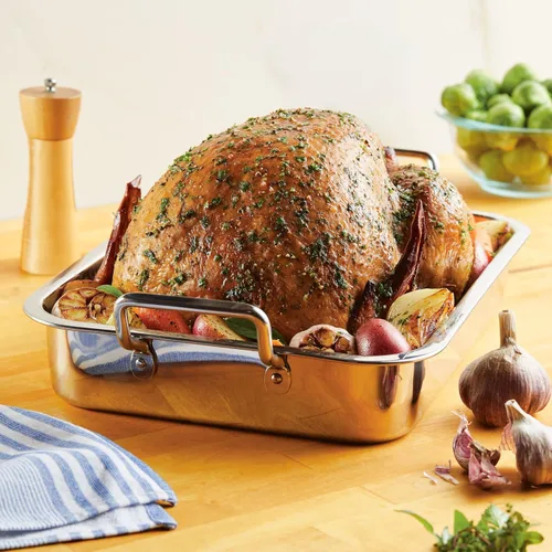 Vista 4 de Farberware Classic Traditions - Asador/sartén para asar de acero inoxidable con estante, 17" x 12.25