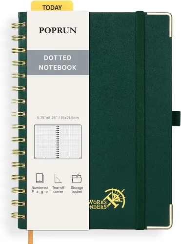Vista 29 de POPRUN - Cuaderno de notas con espiral y puntos, diario A5 de 5.75" x 8.25", papel grueso de 120 gsm, 141 páginas numeradas, tapa dura para hombres