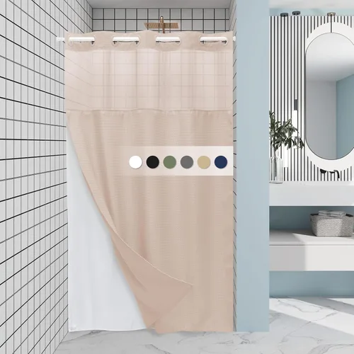 Vista 57 de EUTXL Cortina de ducha beige sin gancho con forro a presión, 230 GSM, cortinas de ducha para baño, 71 pulgadas de ancho x 74 pulgadas de alto