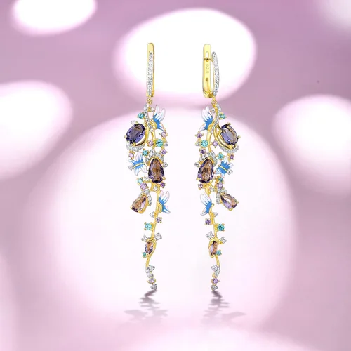 Vista 4 de Santuzza Aretes largos chapados en oro rosa de 14 quilates con forma de racimo de uva, para mujer