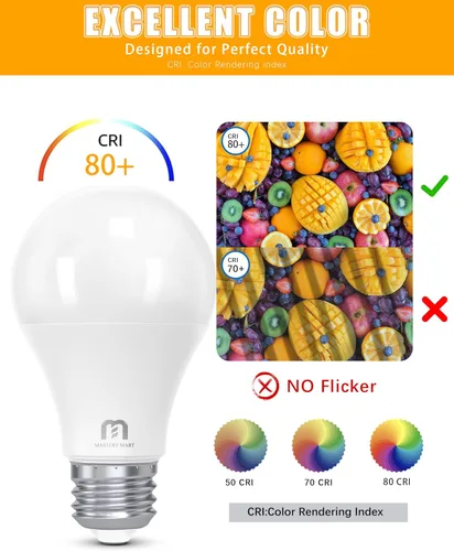 Vista 6 de MASTERY MART Bombillas LED A19 equivalentes a 60 vatios, 9 W no regulables, sin parpadeo, 800 lúmenes, blanco suave 2700 K, base E26, 10000 horas
