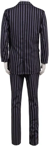 Vista 2 de Disfraz de Gomez Addams para adultos, traje negro, camisa y pantalones, conjunto completo con peluca para Halloween y cosplay