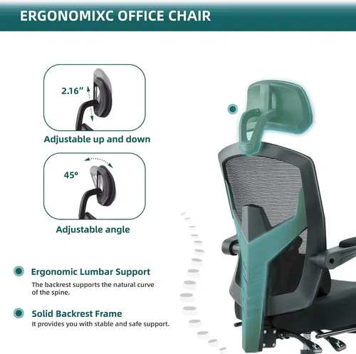 Vista 7 de Silla ergonómica de oficina, silla de escritorio de malla con respaldo alto para computadora con soporte lumbar y ruedas, silla giratoria ajustable