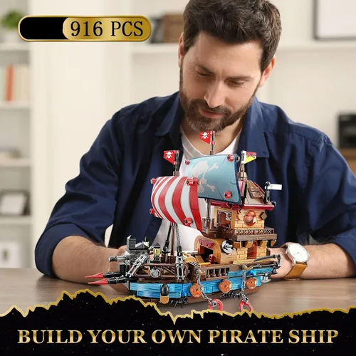 Vista 7 de Vziimo Juegos de construcción de barcos piratas con luces, modelo creativo de barco, barco pirata, juguetes de construcción para decoración