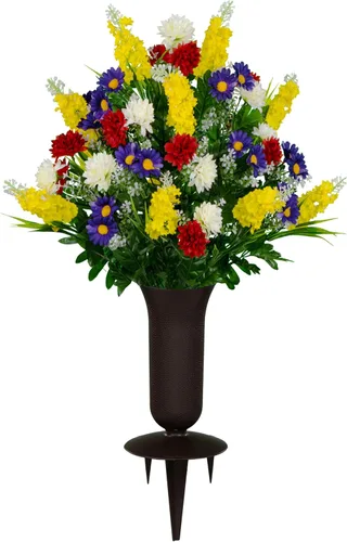 Vista 26 de Sympathy Silks Flores artificiales para cementerios – Decoraciones para tumbas - 1 ramo de flores silvestres de violeta púrpura y naranja, 1 montura