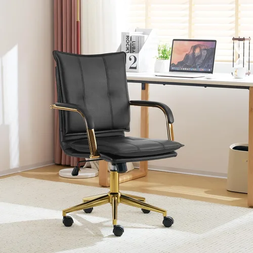 Vista 2 de MOJAY Silla de escritorio ergonómica de cuero con respaldo medio, moderna silla tapizada para computadora, silla de oficina ejecutiva con brazos