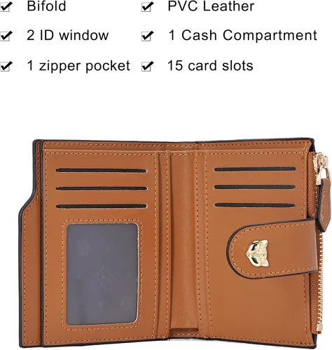 Vista 4 de FOXLOVER Cartera pequeña para mujer, con bloqueo RFID, de piel, plegable, con cremallera, bolsillo con cremallera, tarjetero con ventana