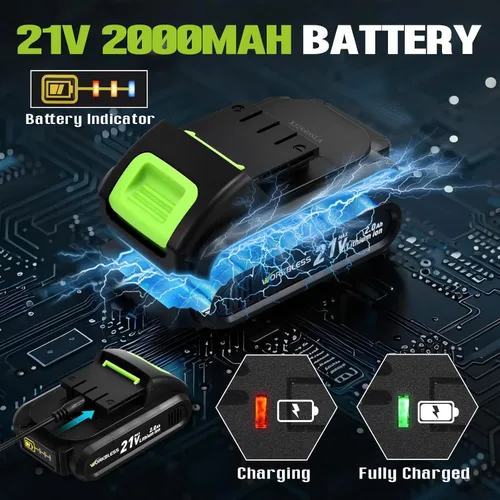 Vista 6 de WORKBLESS Juego de Taladro Eléctrico de 21V, Taladro Inalámbrico con Batería y Cargador, Portabrocas sin Llave de 3/8'', Velocidad Variable