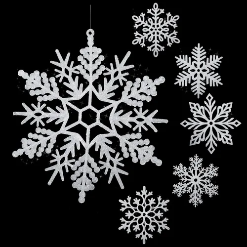 Vista 24 de Sratte Paquete de 12 adornos de copos de nieve grandes con purpurina de 12 pulgadas, decoración gigante de plástico para colgar en invierno