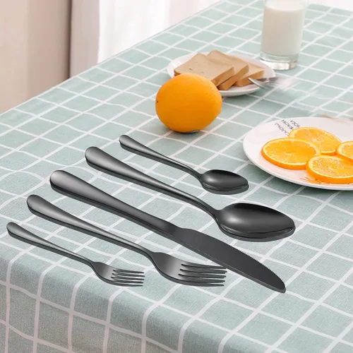 Vista 7 de Juego de cubiertos negros para 12 cubiertos de acero inoxidable, 60 piezas, cuchara, tenedor, cuchillo, utensilios de cocina, mango redondo ancho