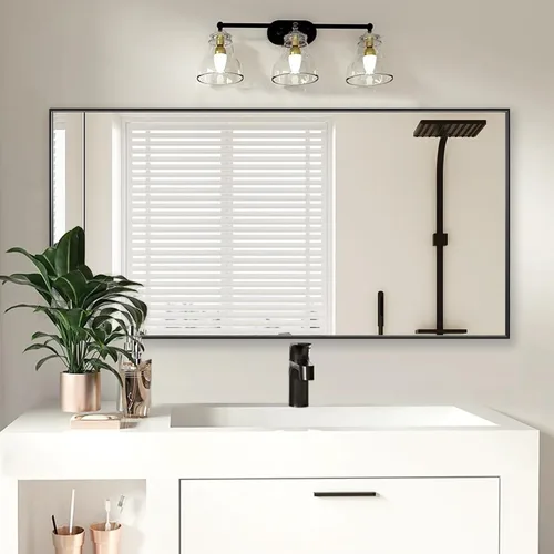 Vista 66 de 24x24 Inch Black Bathroom Mirror for Wall, Aluminum Frame Rectangle Rectangular Vanity Mirror, Modern Large for Bedroom, Living Room, Horizontal or