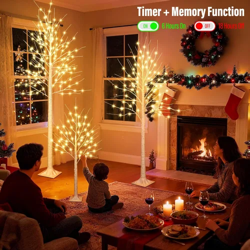 Vista 3 de iBaycon Árboles de abedul de 4 pies, 6 pies y 8 pies, juego de 3 árboles de abedul LED iluminados con temporizador de 8 modos, árboles preiluminados