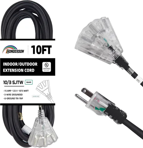 Vista 37 de Cable de extensión GFCI iluminado de 3 pies con 3 tomas de corriente, cable de extensión negro resistente SJTW 12/3 con enchufe a tierra de 3