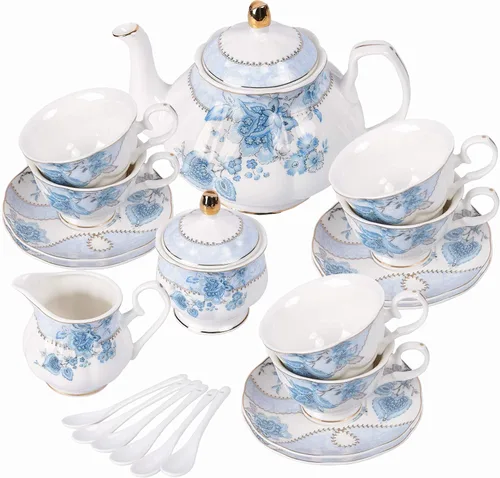 Vista 9 de fanquare Juego de té de porcelana con flores azules, juego de taza de té y platillo para 6, juego de té de boda con jarra de crema, juego de café