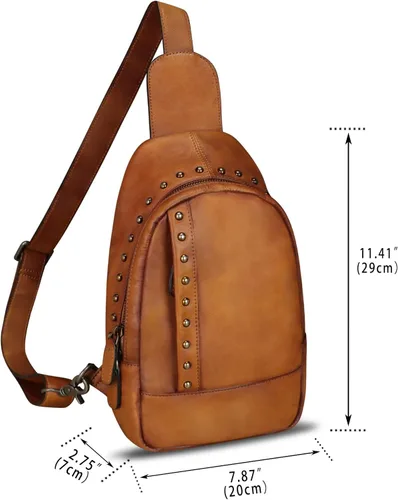 Vista 4 de IVTG Bolso bandolera de cuero genuino para mujer, mochila bandolera para el pecho, hombro, senderismo, vintage, hecho a mano, casual, bolso cruzado