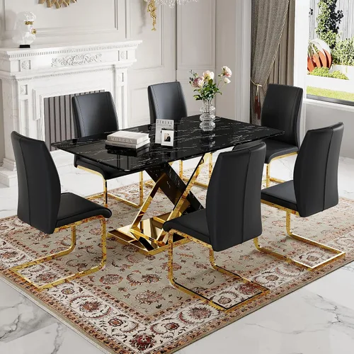 Vista 17 de Juego de mesa de comedor de mármol para mesa rectangular blanca de 6.63 pulgadas con marco de metal plateado en forma de X y 6 sillas de comedor