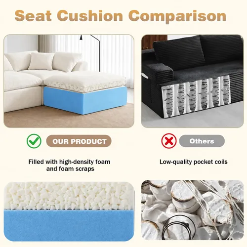 Vista 7 de Sofá seccional de nube sin hueso de 110 pulgadas para sala de estar, sofá modular en forma de L de gran tamaño con otomana, sofá seccional de Blanco