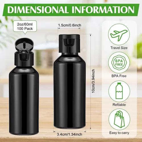 Vista 2 de Eccliy Paquete de 100 botellas de plástico de 2 onzas, botella de loción de viaje, botellas de plástico con tapas, recipientes pequeños de viaje